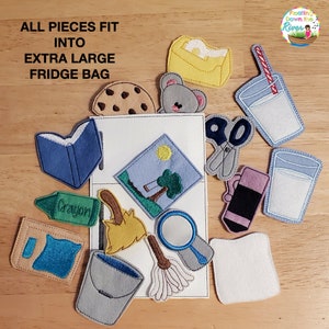 May include: A felt activity set with the words "All Pieces Fit Into Extra Large Fridge Bag". The set includes felt pieces of a book, a glass of milk, a crayon, a bucket, a broom, a magnifying glass, a cookie, a pair of scissors, a tree, a glass of milk, a koala, a tape dispenser, and a blank square.
