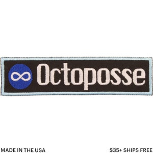 May include: A rectangular patch with the word "Octoposse" in white, stylized text. The patch has a black background with a light blue border. A blue circle with an infinity symbol is on the left.