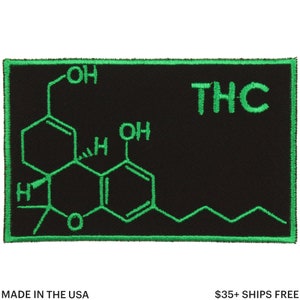 May include: Black rectangular patch with a green border featuring a green THC molecule diagram and the letters "THC". The text "MADE IN THE USA" is at the bottom.