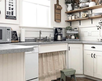 Grain Sack Farmhouse Sink Curtain - Hand-Painted Cotton Canvas