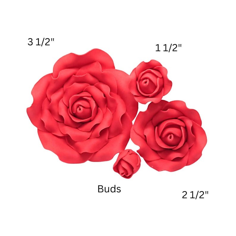 May include: Red rose flower decorations in various sizes. The largest rose measures 3 1/2 inches, with others at 2 1/2 inches and 1 1/2 inches. There are also rose buds. Perfect for crafting or decorating.