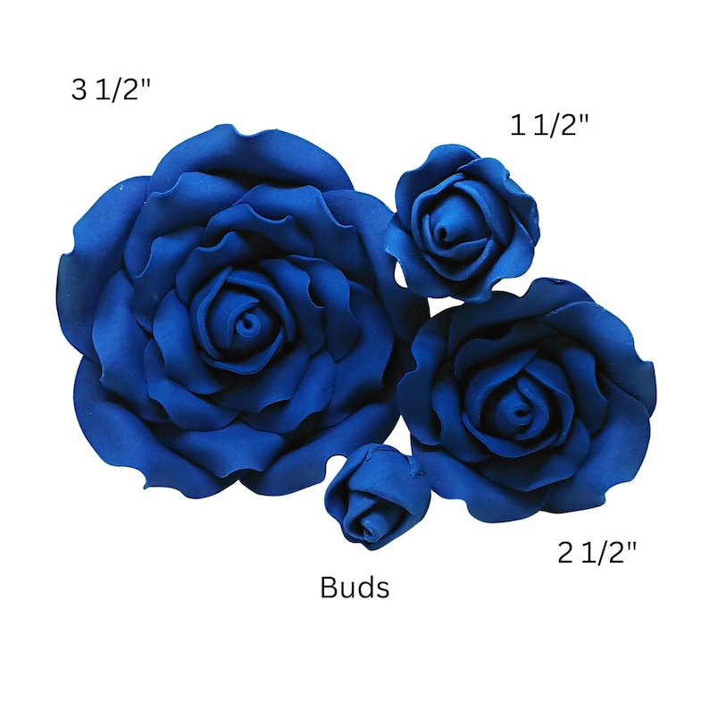 May include: A collection of deep blue rose flowers and buds. The largest rose is labeled 3 1/2 inches, the medium rose is labeled 2 1/2 inches, the small rose is labeled 1 1/2 inches, and the smallest flower is labeled Buds.