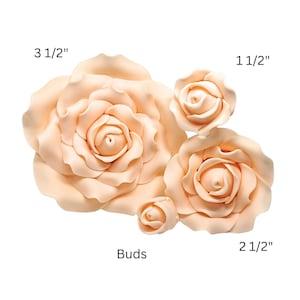 May include: Peach-colored artificial rose buds and blooms in various sizes. The largest bloom measures 3 1/2 inches, with others at 2 1/2 and 1 1/2 inches. The image also shows smaller buds. The word "Buds" is written below the smallest buds.