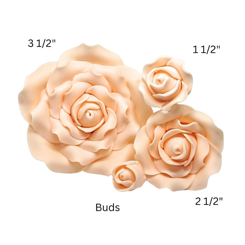 May include: Peach-colored artificial rose buds and blooms in various sizes. The largest bloom measures 3 1/2 inches, with others at 2 1/2 and 1 1/2 inches. The image also shows smaller buds. The word "Buds" is written below the smallest buds.