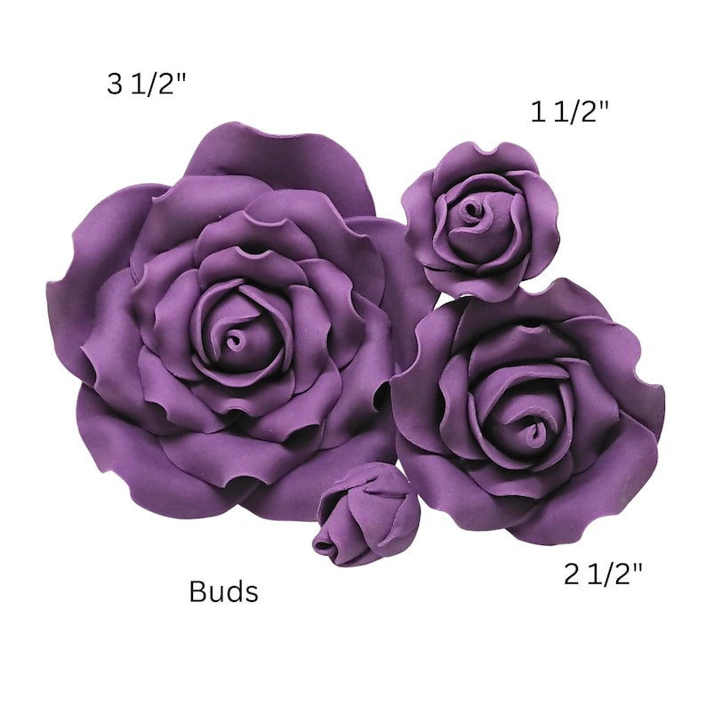 May include: Five purple rose blossoms and buds of varying sizes, ranging from 1 1/2 inches to 3 1/2 inches in diameter. The image includes the word "Buds".
