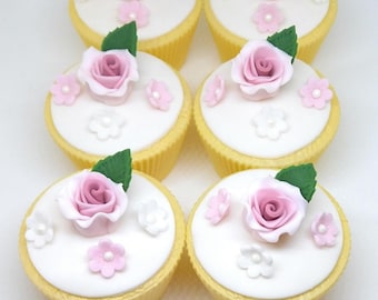 Sugar Rose & Blossom Sugar Flower Edible Cupcake Topper Decoration Set x 30 Pieces