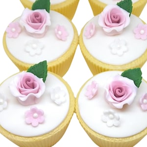 12 x Sugar Rose & Blossom Sugar Flower set Edible Cupcake Topper Decoration * MANY COLOURS*