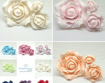 SUGAR ROSE FLOWERS wedding cake birthday cake topper decoration X 3  (wired)  ** multi buy pay 1 flat rate postage cost **