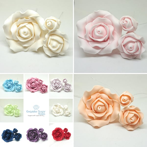 SUGAR ROSE FLOWERS wedding cake birthday cake topper decoration X 3  (wired)  ** multi buy pay 1 flat rate postage cost **