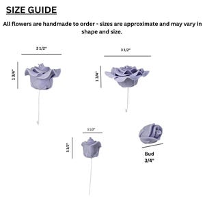 May include: A size guide for light purple handmade rose decorations. The chart displays three roses with stems and one bud, labeled with dimensions in inches: 2 1/2 by 1 3/4, 3 1/2 by 1 3/4, 1 1/2 by 1 1/2, and a 3/4 inch bud.
