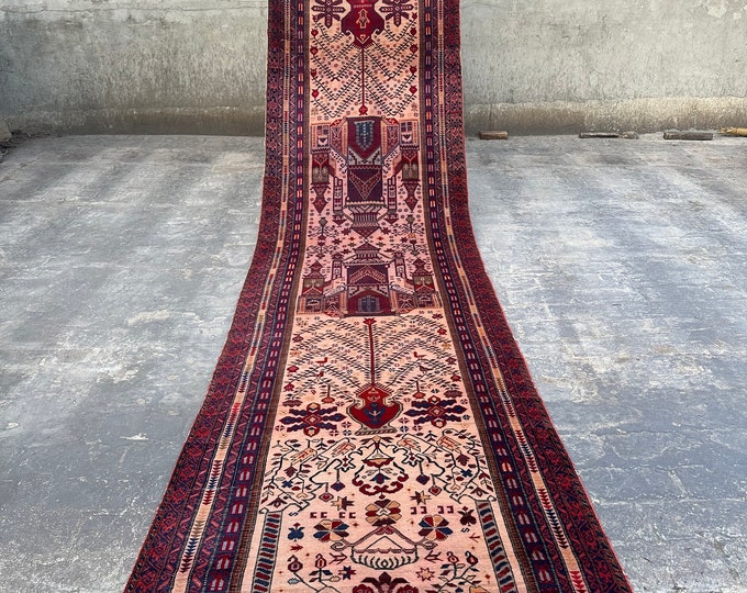 70% off 3.3 x 15.3 Ft/ super fine Afghan Baluch Vintage TajMahal Dizine rug runner | Hand knotted tribal wool runner rug Nomadic Hallway Rug