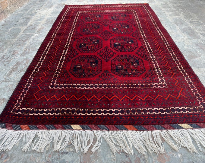 3'9 x 6'2 Afghan fine Kunduzi Wool rug | Red Tribal  Boho rug | Kitchen rug | Filpai rug