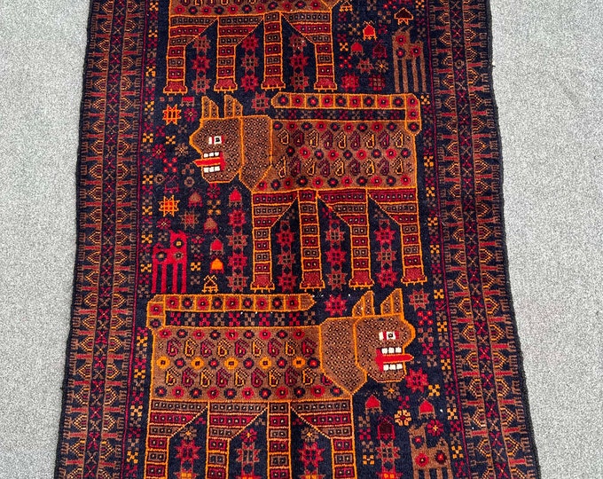 70% off Size 2.10 x 4.7 Ft Baluch Afghan Pictorial Animal Hunting Leopard rug Hand knotted Geometric wool rug/Natural Dye Color/ Vintage Rug