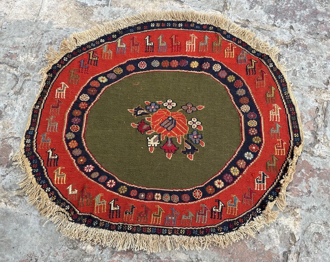 70% off 1.7 x 1.11 Ft Afghan Handmade Vintage Pictorial Sumak Killim /Accent Small  Wool Pictorial Killim Wall Hanging Mini Killim Rug