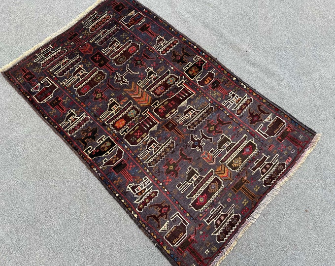70% off 3.0 x 4.8 / Vintage Afghan Baluch Pictorial War Rug Oriental War rug - Afghan War carpet/  Natural Dye Color/