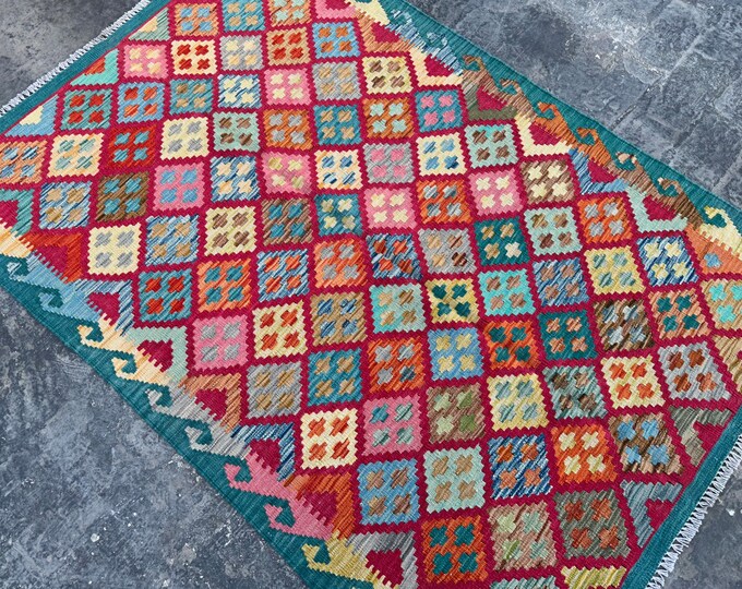 4'3 x 6'2 Afghan Veg dye kilim rug | Afghan nomad kilim rug | bedroom rug | Rugs for Living room