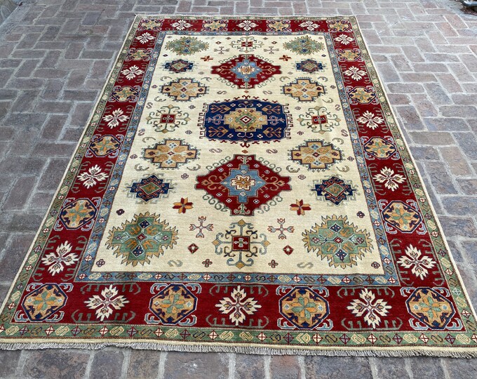 6'6 x 9'6 Veg dye rug - hand knotted Fine kazak wool rug - rug for bedroom - hand spun wool rug - Dining room rug