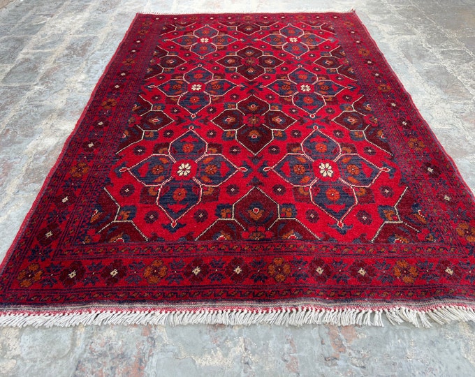 3'6 x 5'1 Red Afghan Tribal Red Wool rug | Hand knotted Boho area rug