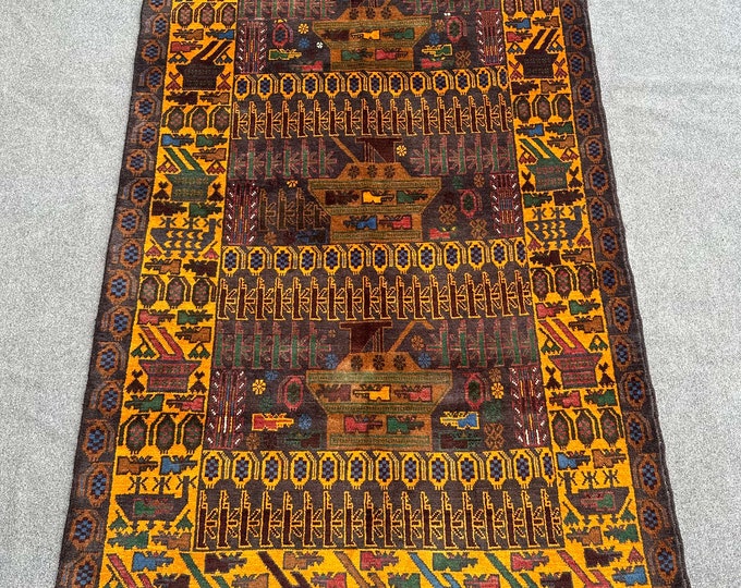 70% off 4 x 6.8 Feet/ Vintage Afghan Baluch War Rug Oriental War rug - Afghan Baluch Wall Hanging  carpet/ Peshawar rug/ Natural Dye Colors