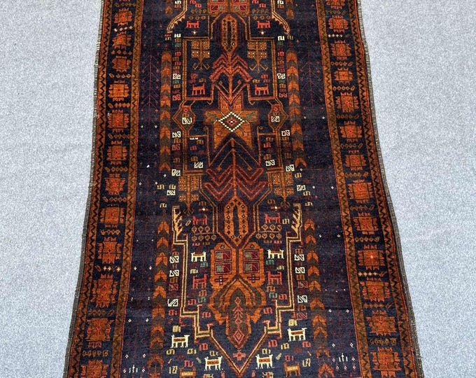 40% OFF - 3.8 x 7.0 Feet/ Geometric Afghan Vintage Baluch Pictorial rug - hand knotted Zakani rug | Tribal rug 4x7 Rug Natural Dye Color