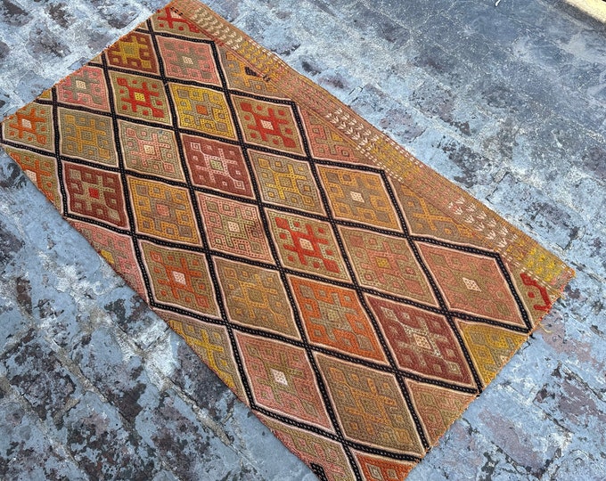 70% off Orange 2.10 x 5.3 Ft/  Southwestern Handwoven Vintage kilim rug - Nomadic wool kilim rug/ Natural Dye Color