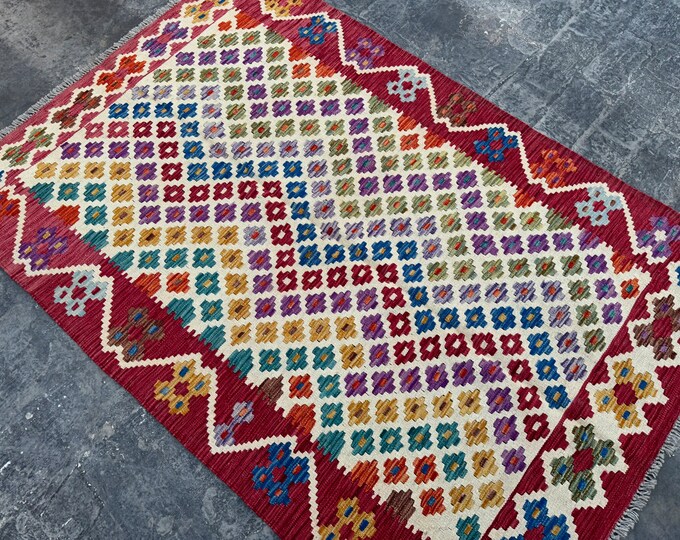 4'2 x 6'3 Afghan Veg dye kilim rug | Afghan nomad kilim rug | bedroom rug | Rugs for Living room