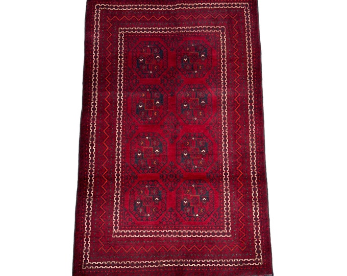 3'8 x 5'10 Afghan fine Kunduzi Wool rug | Red Tribal  Boho rug | Kitchen rug | Filpai rug