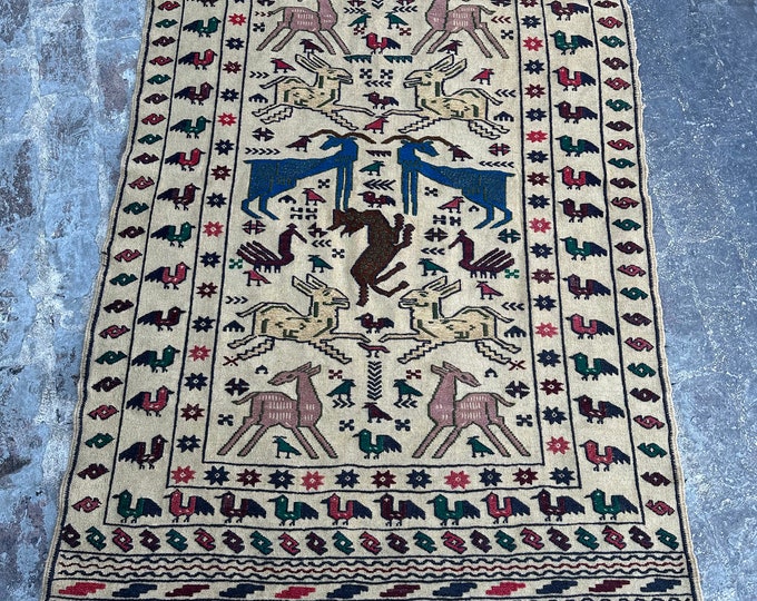 70% off 4 x 6.7 Ft/  Afghan handwoven Pictorial kilim | Tribal Afghan Hatrasgan  Animal Hunting kilim/ Wool Wall Hanging Turkish Killim