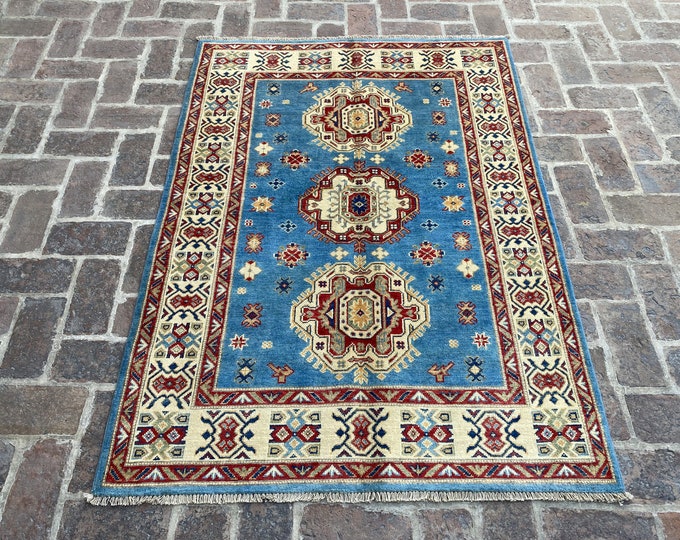 4'1 x 5'7 Tribal Afghan Kazak wool rug - Hand Spun wool - veg dye Oriental rug - 'geometric rug - Southwest syle rug