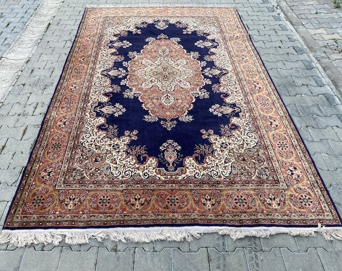 Elegant Vintage turkish handmade kayseri blue wool rug