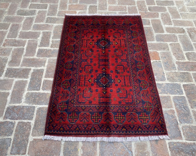 Hand knotted Afghan Tribal wool rug 3'3 x 4'10 ft