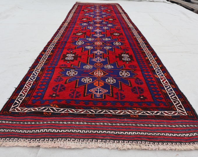 70% off 3.2 x 11.6 Ft/ super fine Afghan Red Vintage Baluch rug runner | Hand knotted tribal wool runner rug Nomadic wool Hallway Rug Runner