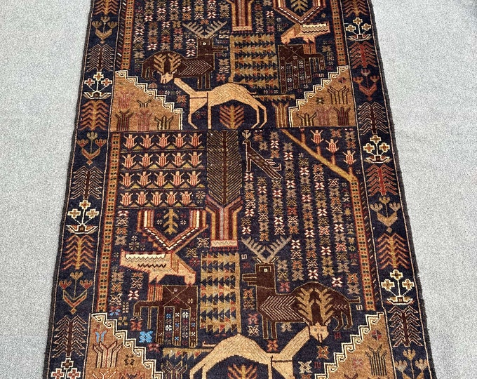 70% off 3'9 x 6'6 Vintage Tribal Afghan Baluch Pictorial Rug hand knotted rug - Turkish vintage rug - Wall Hanging Rug/ Nomadic Baluch Rug