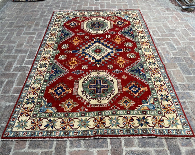 6'5 x 9'6 Veg dye rug - hand knotted Fine kazak wool rug - rug for bedroom - hand spun wool rug - Dining room rug