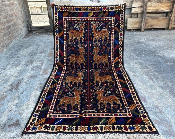 70% off Size 2.10 x 5.3 Ft Baluch Afghan Pictorial Animal Hunting rug | Hand knotted Geometric wool rug/ Natural Dye Color/ Vintage  Rug