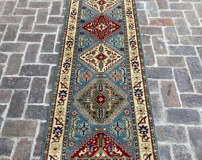 2'7 x 9'8 Veg dye hand knotted kazak rug runner - hallway runner rug - hand spun wool rug