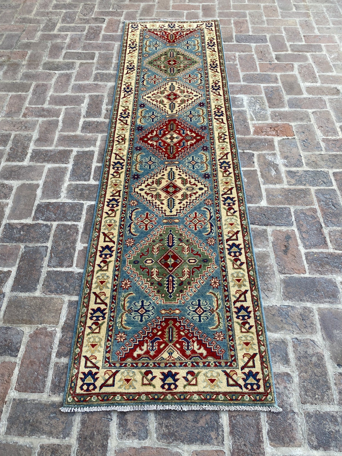 2'7 x 9'8 Veg dye hand knotted kazak rug runner - hallway runner rug - hand  spun wool rug