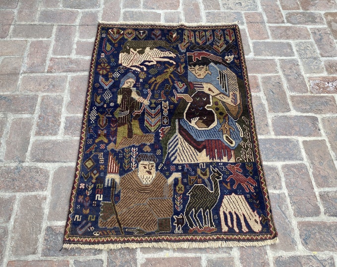 Vintage Afghan Pictorial rug - 94 x 130 cm