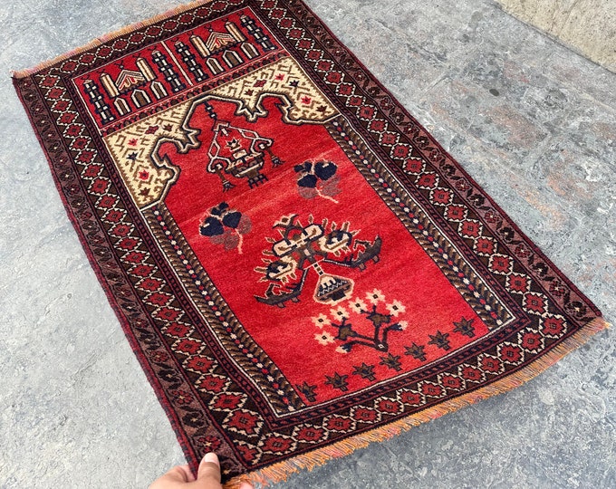 70% off 2.8 x 4.1 Ft/ Vintage worn Afghan Prayer rug | Kawdani Baluch rug | handmade wool rug Gergeous Wool Prayer Afghan rug