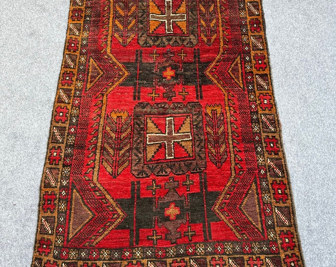 70% off Size 3.8 x 5.10 Ft Baluch Afghan Shindani  Full Pile Red rug | Hand knotted Geometric wool rug/Nomadic Natural Dye Color/ Vintage