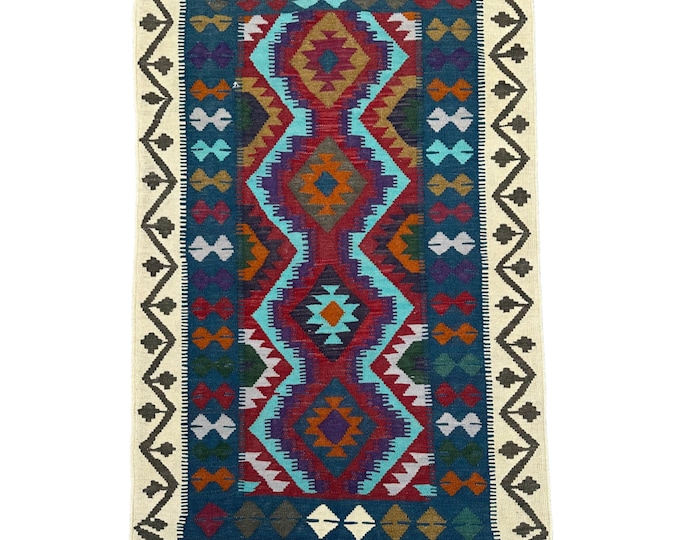 3x5 Hanwoven Afghan Kilim rug - Made with 100% wool -Kilim rug for bedroom accent - Tribal kilim rug