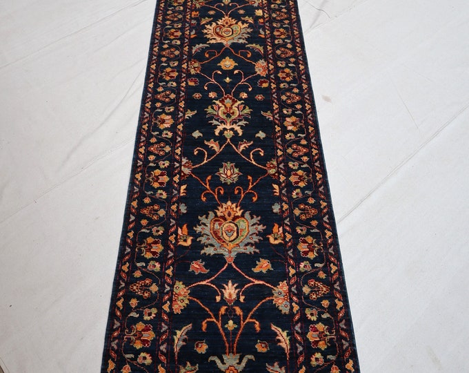 Floral Hand knotted rug runner | 19 ft Long Navy Blue Hallway rug | Wool runner rug