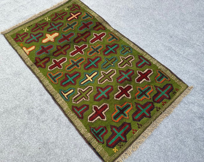 70% off Size 3.6 x 6 Ft Baluch Afghan Shindani  Full Pile Green rug | Hand knotted Geometric wool rug/Nomadic Natural Dye Color/ Vintage