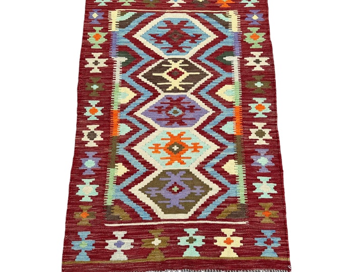 Red Southwestern handwoven Tribal kilim rug - 3x5 afghan kilim rug - Turkish wool 3x5 rug kilim