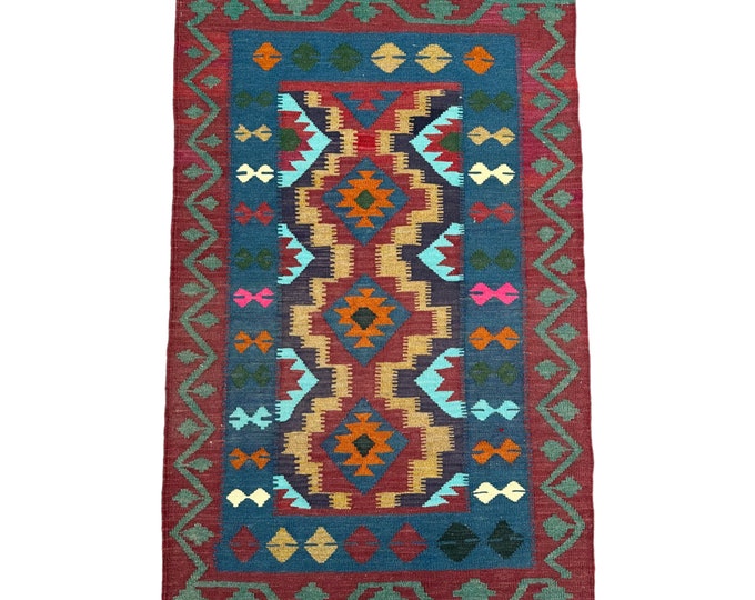 Navy Southwestern handwoven Tribal kilim rug - 3x5 afghan kilim rug - Turkish wool 3x5 rug kilim