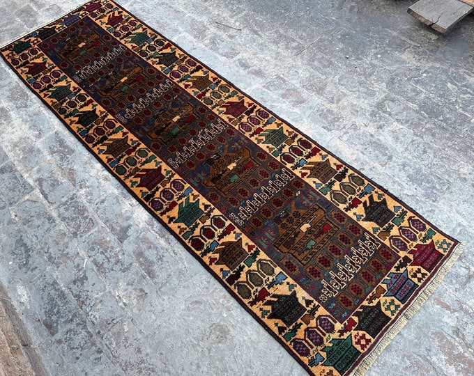 70% off 2.9 x 9.10/ Vintage Afghan Baluch Pictorial War Rug Runner Oriental Art War rug Runner - Afghan War carpet/  Natural Dye Color/