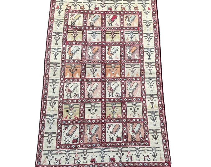 Silk chicken Motif handwoven Sumak kilim rug | Silk on Cotton Kilim rug