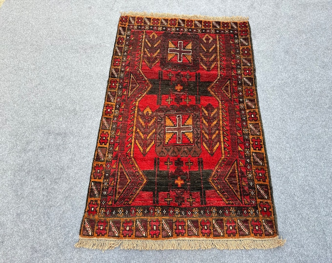70% off Size 3 x 6.3 Ft Baluch Afghan Shindani  Full Pile  rug | Hand knotted Geometric wool rug/Nomadic Natural Dye Color/ Vintag5