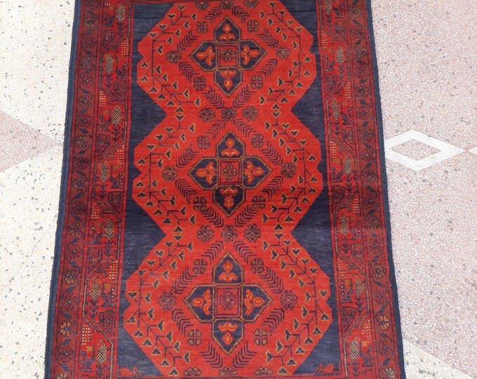 3x4 handmade Afghan Khal Mohammadi Red rug - wool rug - Geometric rug - Bathroom handmade rug - Foyer rug - Turkish wool rug