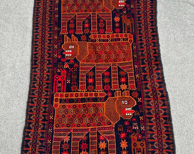 70% off Size 2.9 x 4.7 Ft Baluch Afghan Pictorial Animal Hunting Leopard rug Hand knotted Geometric wool rug/Natural Dye Color/ Vintage Rug
